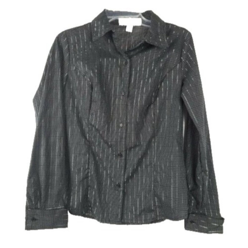 French Laundry Womens Shirt Medium Black Metallic‎ Striped Long sleeve Preppy